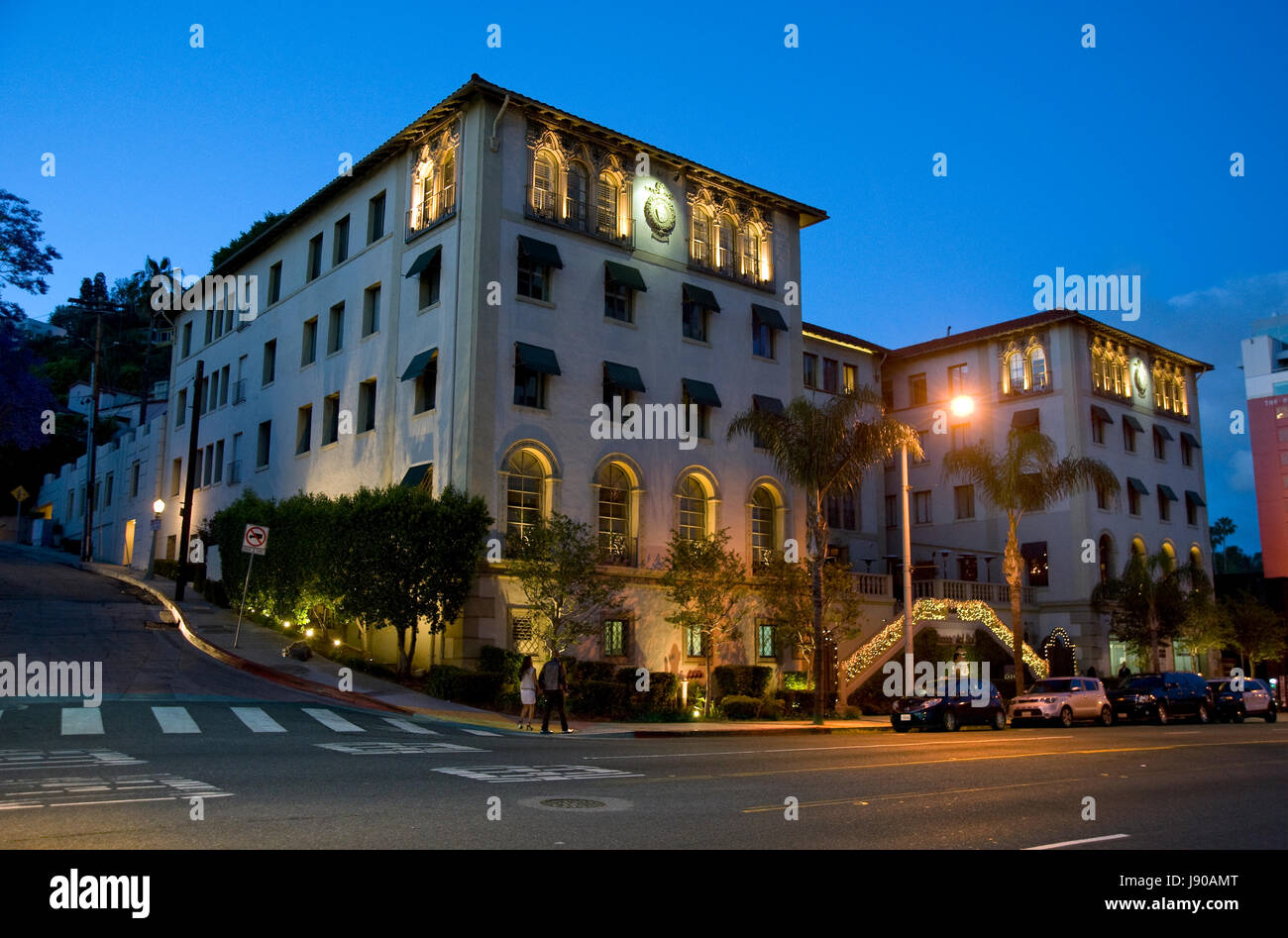 The Piazza Del Sol, a historic building on the Sunset Strip at night  in Los Angeles, CA Stock Photo