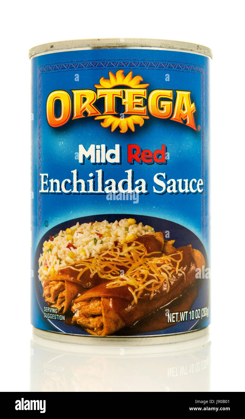 Winneconne, WI - 16 May 2017: A can of Ortega mild red enchilada sauce on an isolated background. Stock Photo