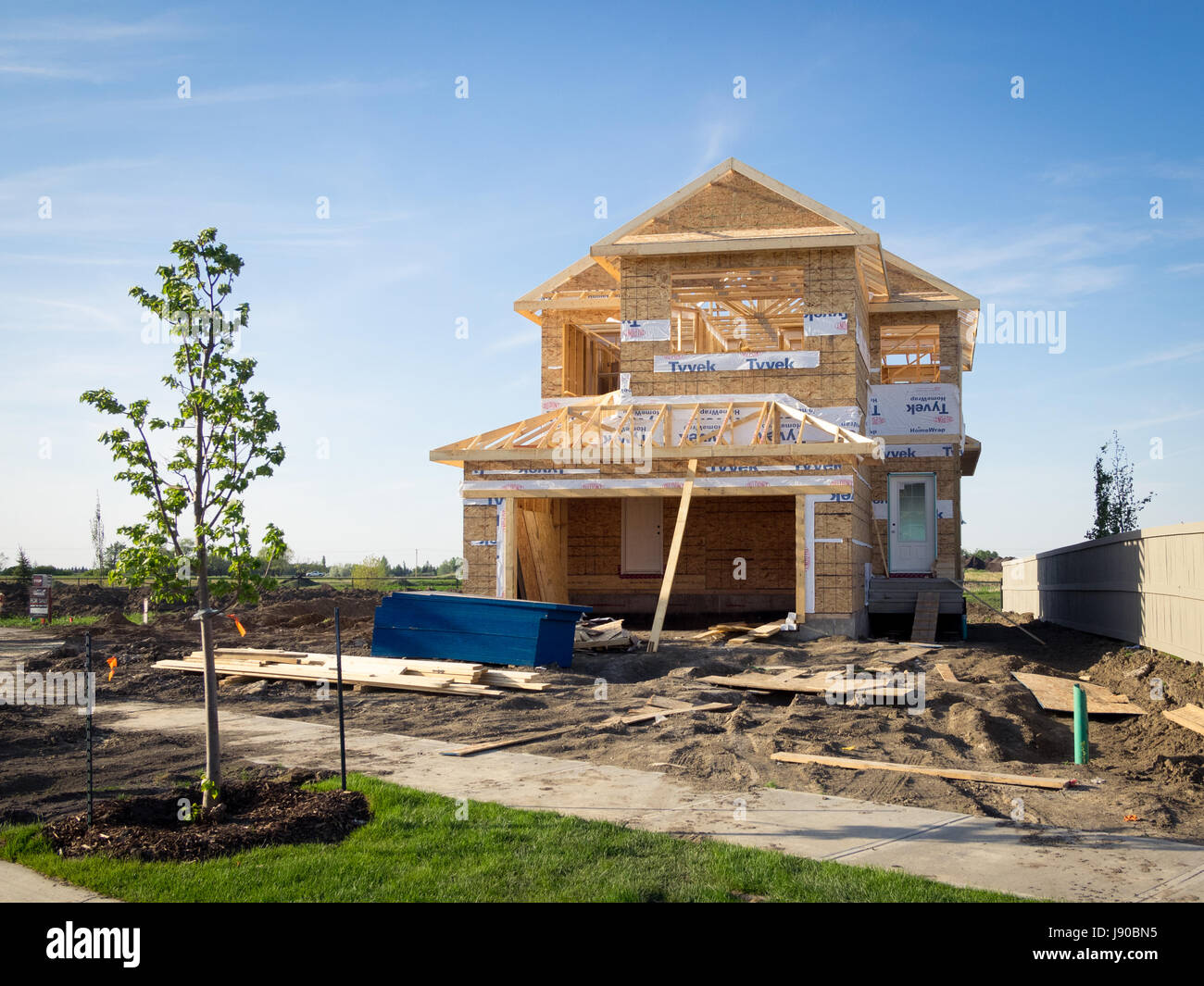 A two-storey residential house under construction in the Edmonton suburb of Beaumont, Alberta, Canada. Stock Photo