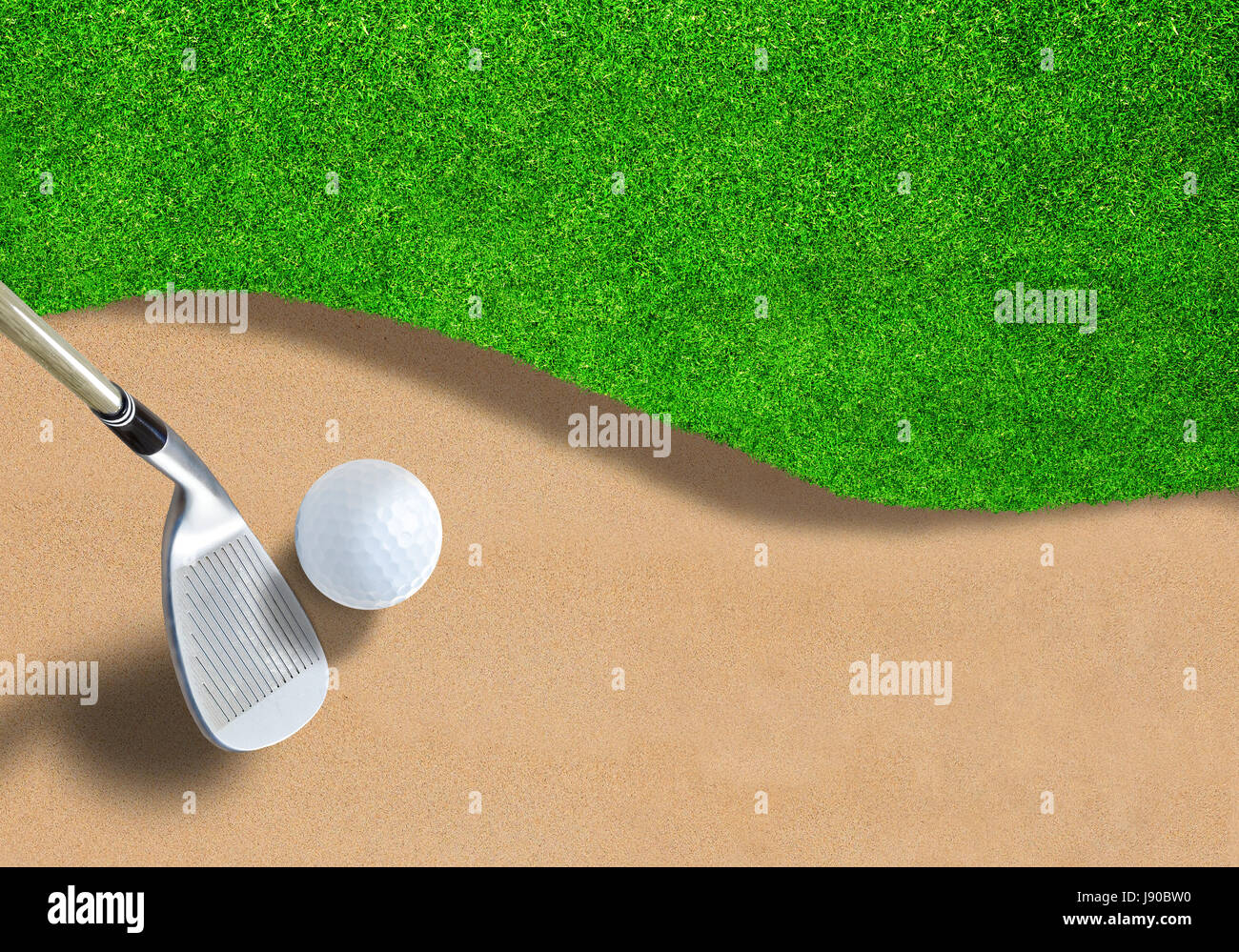 Golf ball on sand trap bunker with wedge club ready to swing it out