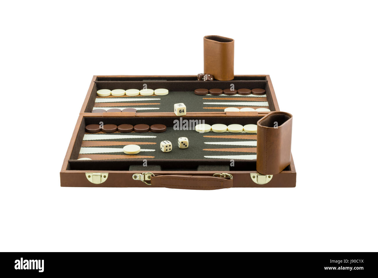 An entire backgammon board game set up and ready for play. Isolated on a pure white background. Stock Photo