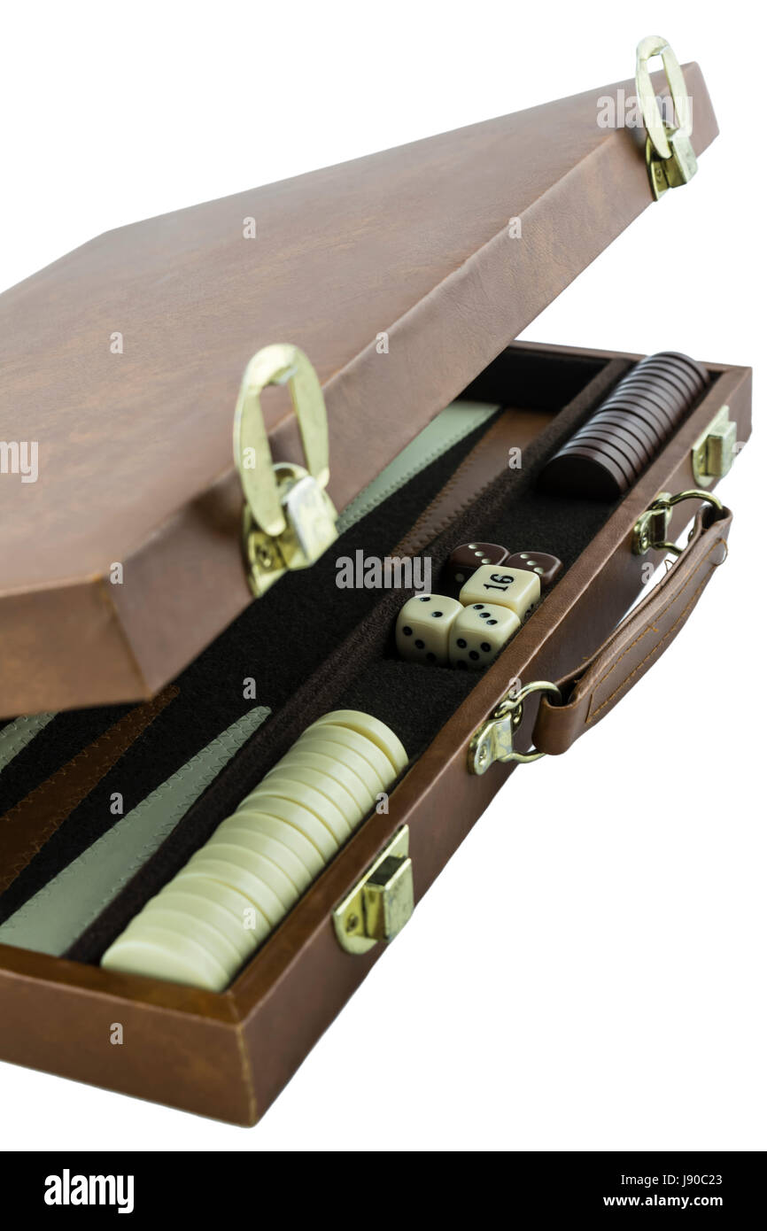 Backgammon board game case partially open showing the dice, game pieces and board inside.  Isolated on a pure white background. Stock Photo
