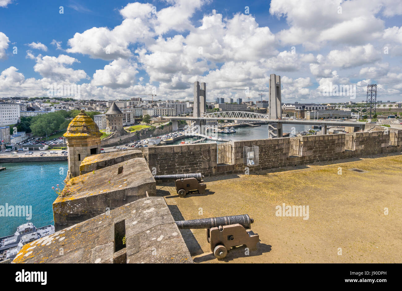 France, Brittany, Finistére department, Brest, the battlements of Chateau de Brest with view of  the Recouverance bridge Stock Photo