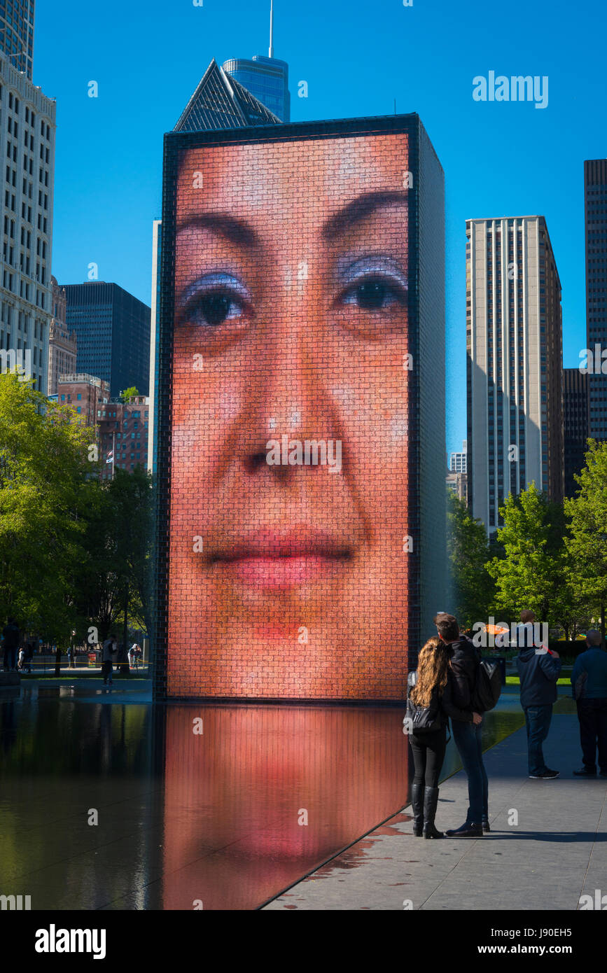 Chicago Illinois Michigan Avenue South Terrace & Crown Fountain 50ft towers Images citizens