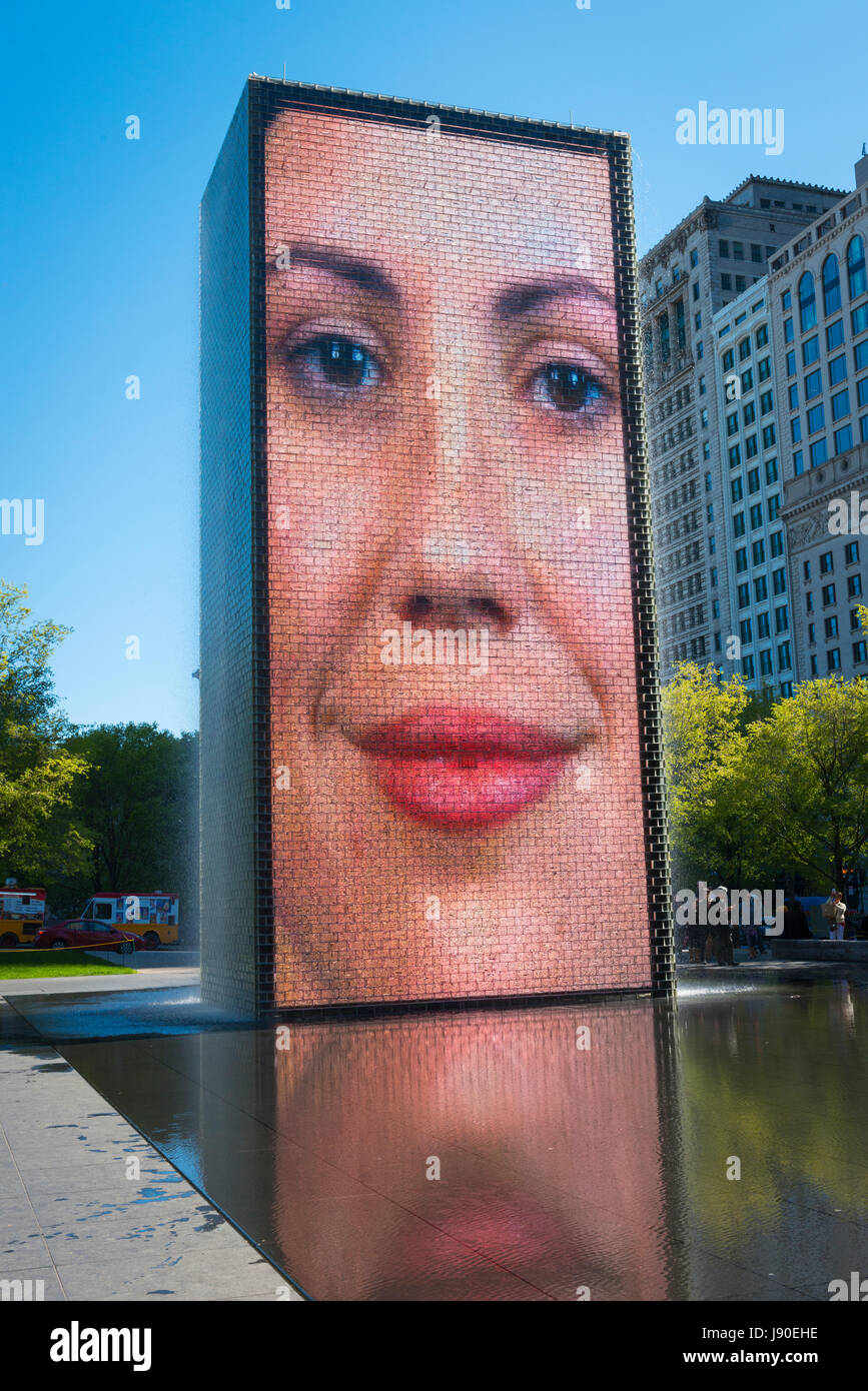Chicago Illinois Michigan Avenue South Terrace & Crown Fountain 50ft towers Images citizens
