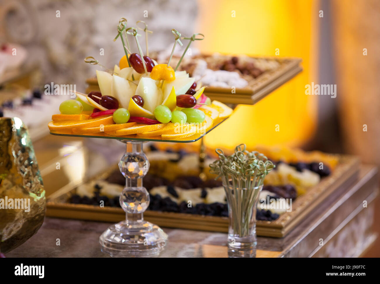 Table setting fruits at the wedding reception Stock Photo Alamy