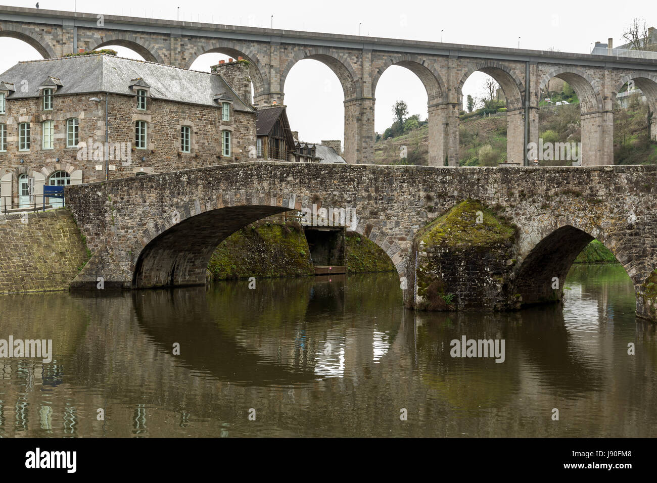 View of Lanvallay village and bridge over Rance river. Lanvallay is a commune in the Côtes-d'Armor department of Brittany in France. Stock Photo