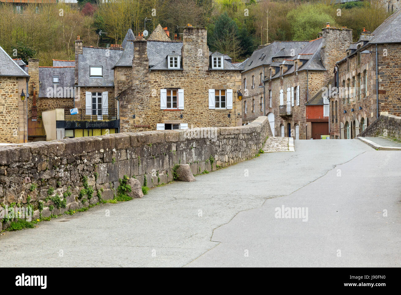 View of Lanvallay village and bridge over Rance river. Lanvallay is a commune in the Côtes-d'Armor department of Brittany in France. Stock Photo