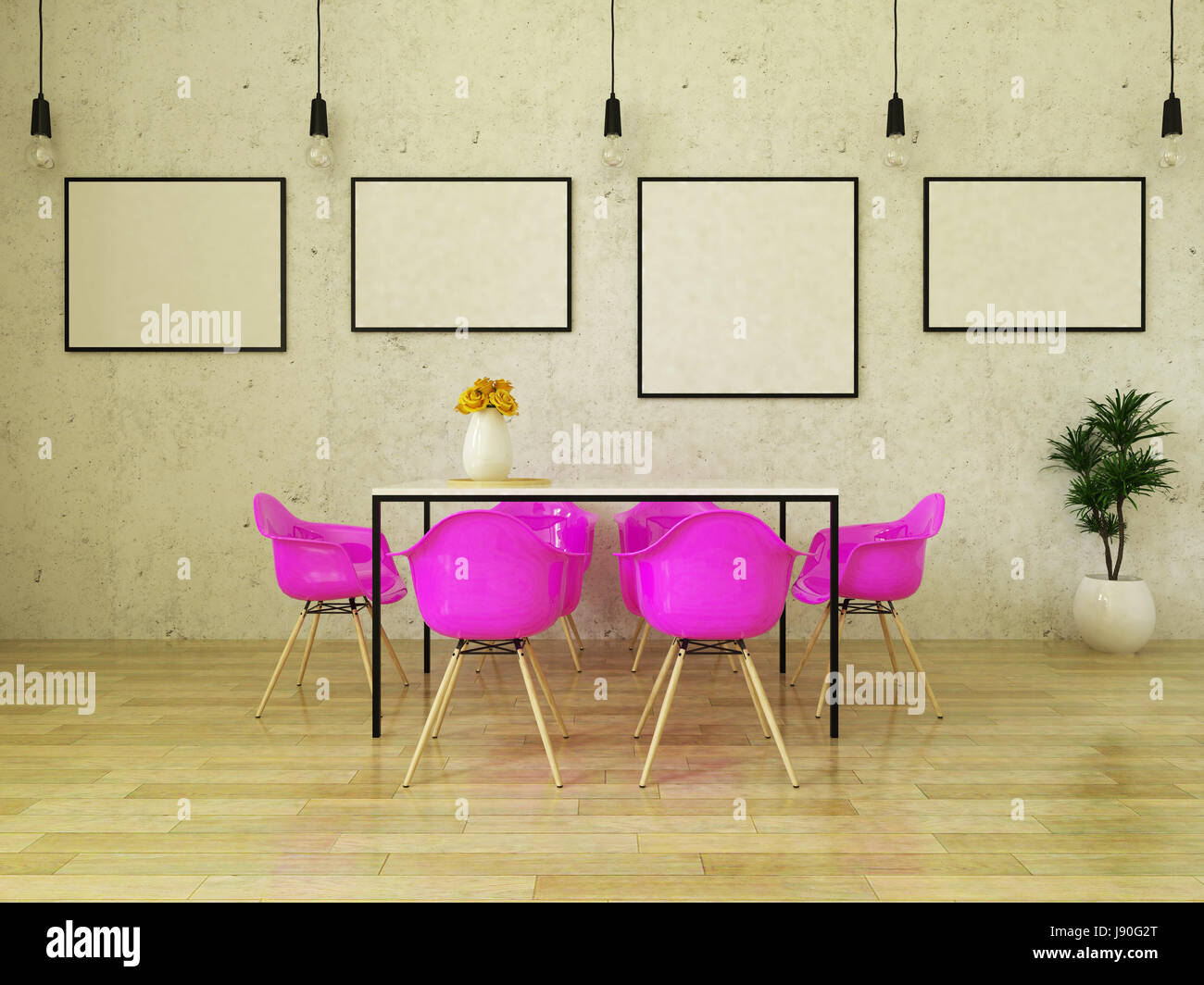 Beautiful dining table with pink chairs on wooden floor in front of a