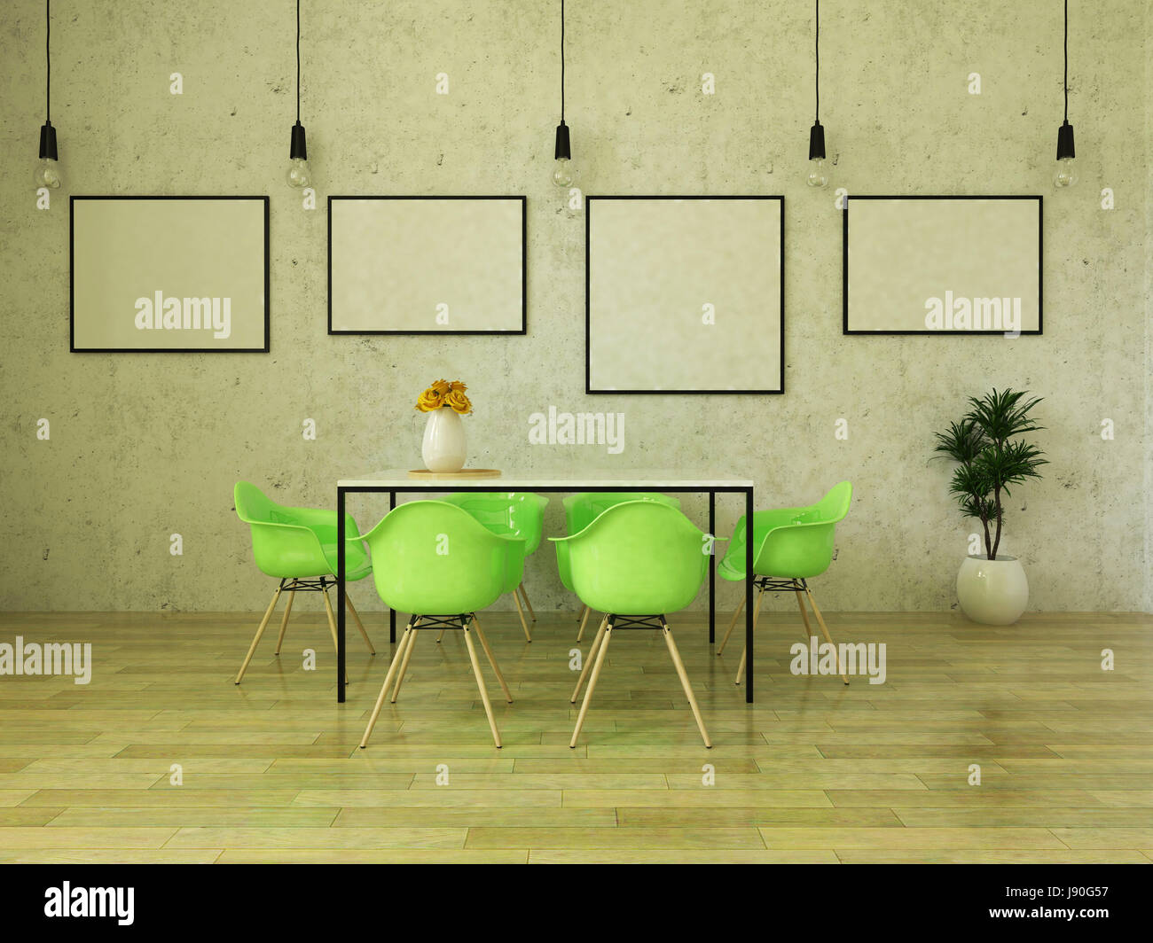 Beautiful dining table with bright green chairs on wooden floor in