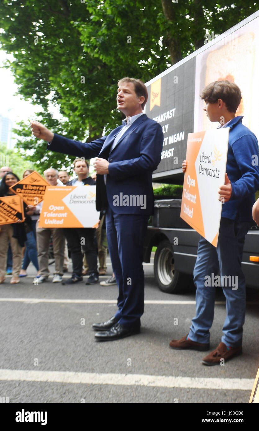 Former Deputy Prime Minister Nick Clegg at the launch in central London of a Liberal Democrats campaign poster attacking the Conservatives' school meals policy. Stock Photo