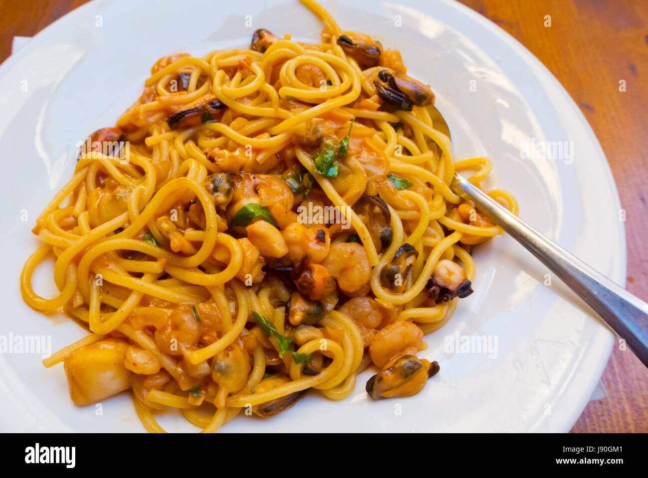 Spaghetti Frutti di Mare, spaghetti with seafood, old town, Sibenik, Dalmatia, Croatia Stock Photo