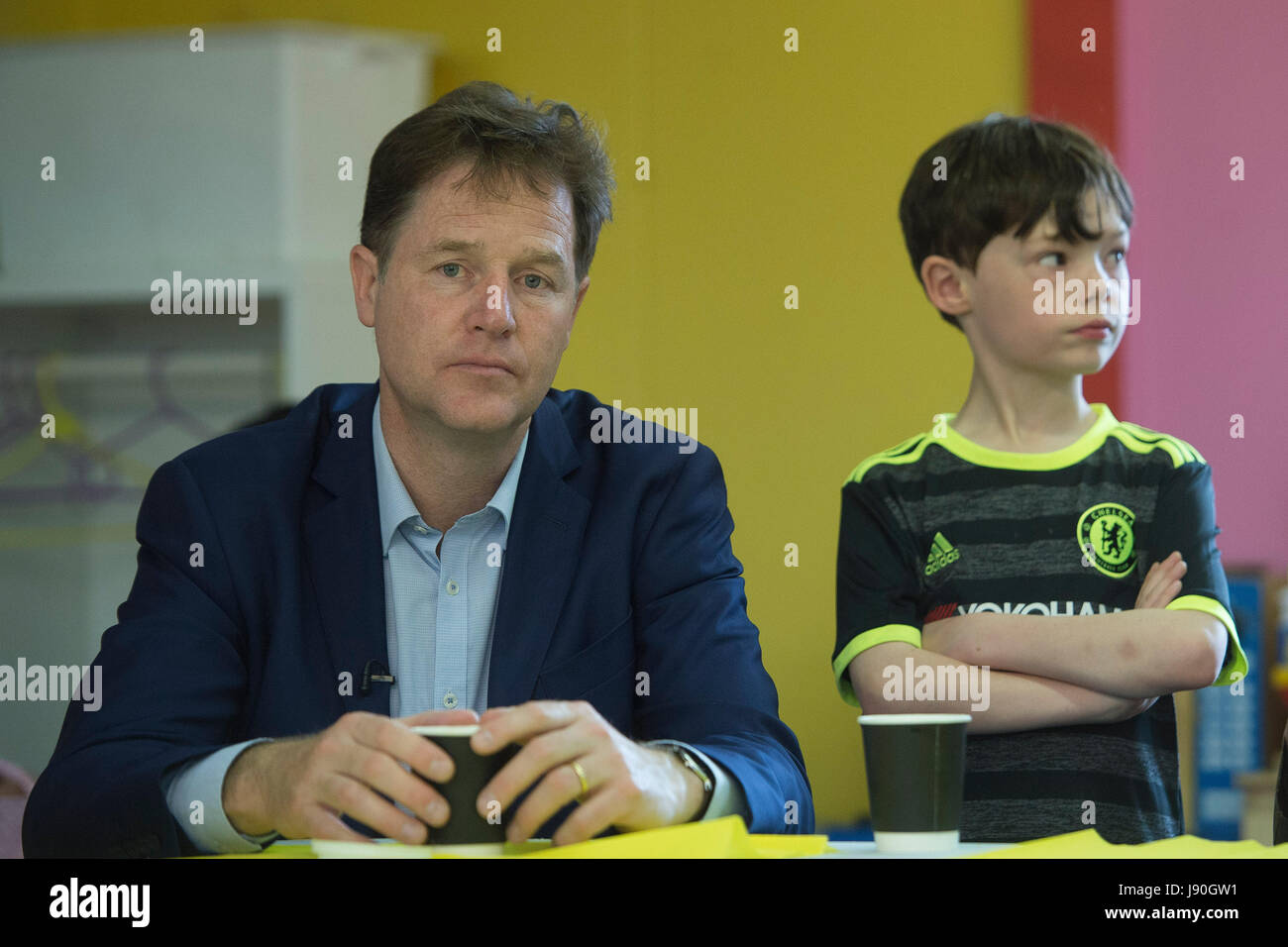 Former Deputy Prime Minister Nick Clegg at the Oasis Playspace, Lambeth, following the launch in central London of a Liberal Democrats campaign poster attacking the Conservatives' school meals policy. Stock Photo