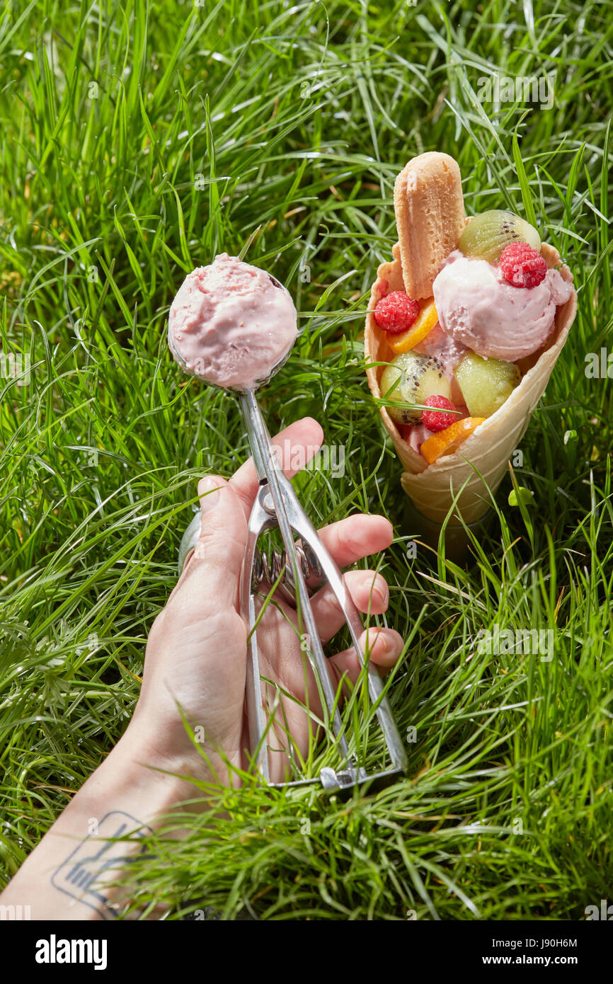 Fruit ice cream in waffle cone Stock Photo Alamy