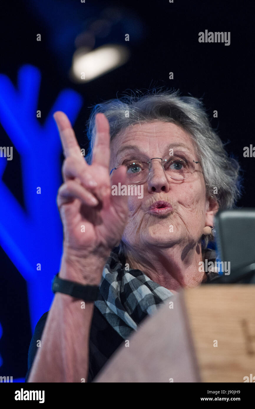 Hay Festival, Wales UK, Tuesday 30 May 2017  GERMAINE GREER  talking about the life and work of fellow Australian artist SIDNEY NOLAN on his centeneary year,    on the 6th day of the 2017 Hay Festival, in the small Welsh town of Hay on Wye in rural Powys.  Now in its 30th year, the literature festival draws some of the best writers , academics and commentators from across the globe, and  tens of thousand of visitors a day to what was described by former US president Bill Clinton as 'the woodstock of the mind'    Photo credit © Keith Morris / Alamy Live News Stock Photo
