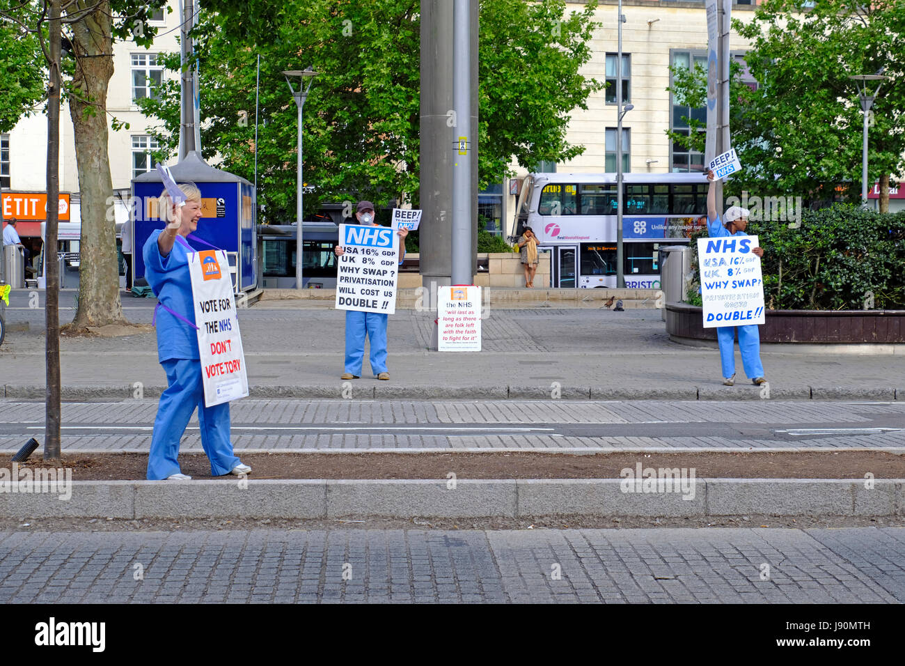 Bristol, UK. 30th May, 2017. Campaigners for the National Health Service take to the streets in the city centre. The campaigners from Protect Our NHS were distributing leaflets and urging passers-by not to vote for the Conservative Party in the general election. Keith Ramsey/Alamy Live News Stock Photo
