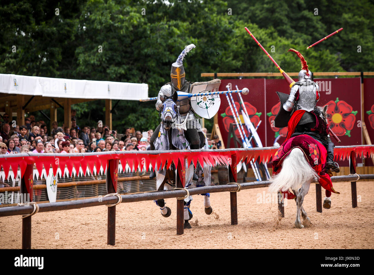 Warwick, UK. 30th May, 2017. An epic battle, it's 1455 and the House of Lancaster holds the English throne. King Henry VI's crown is challenged by the House of York. The rival houses clash in battle and the bloody war that ensued was to last over 30 years… Be one of the first to experience the story of the Wars of the Roses as it unfolds before you during a new live action show at Warwick Castle. Showing this May half term break from 27th May — 4th June. Credit: Shaun Fellows /Alamy Live News Stock Photo