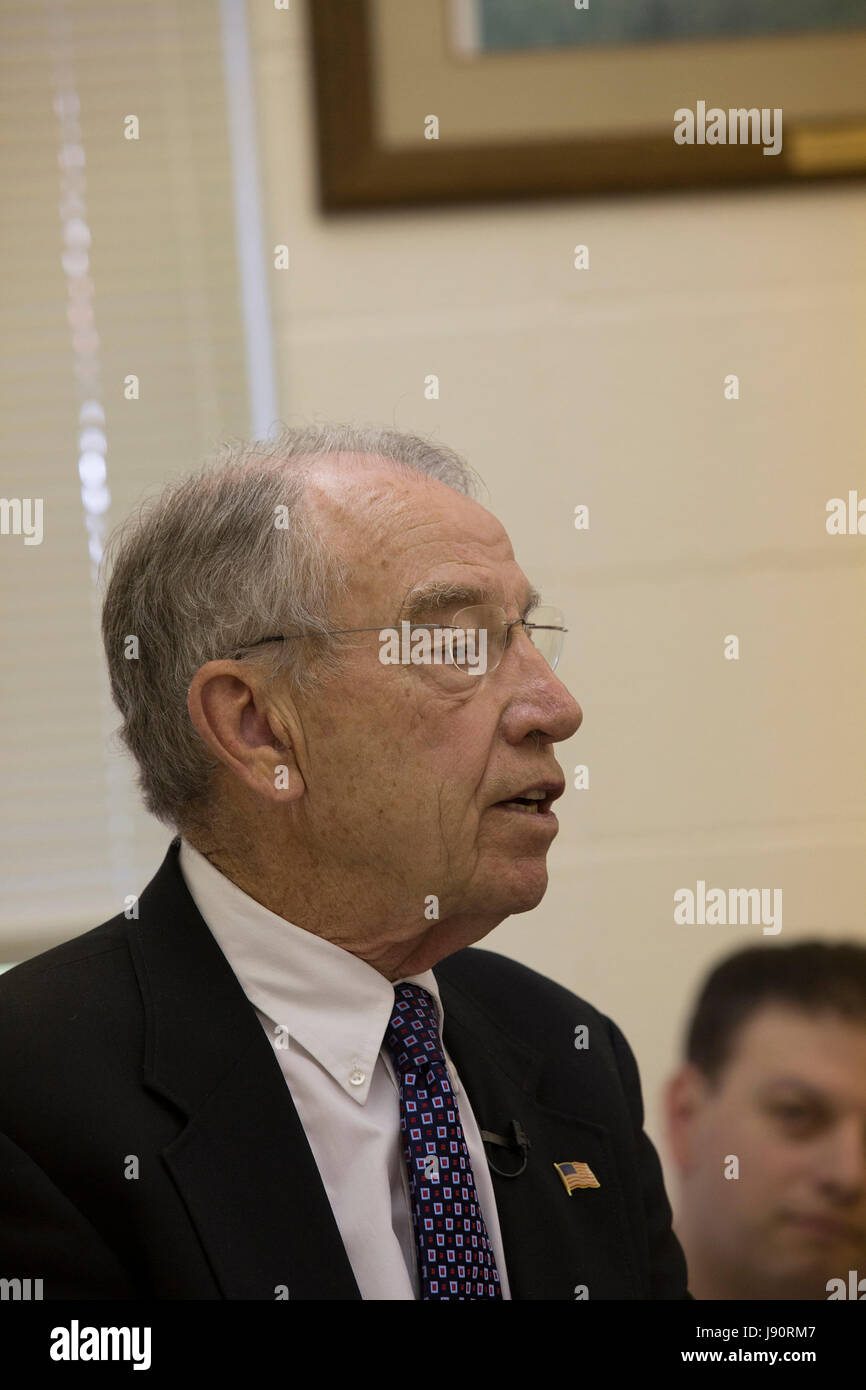 Guthrie City, Iowa, USA, 30th May 2017. Iowa Senator and Judiciary Committee Chair of the US Senate Charles Grassley speaks with constituents at a town hall. Credit: Cynthia Hanevy/Alamy Live News Stock Photo