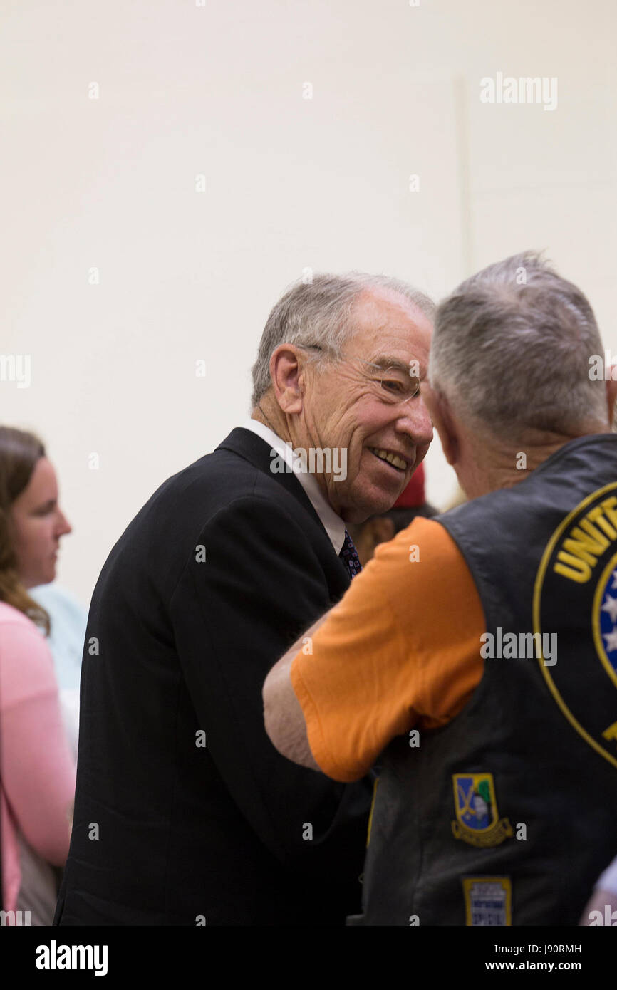 Guthrie City, Iowa, USA, 30th May 2017. Iowa Senator and Judiciary Committee Chair of the US Senate Charles Grassley speaks with constituents at a town hall. Credit: Cynthia Hanevy/Alamy Live News Stock Photo