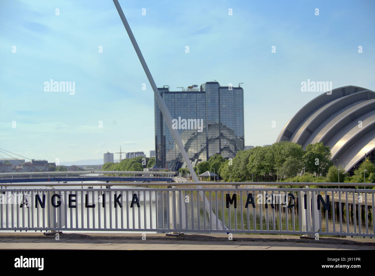 Glasgow, Scotland, UK 31st May,Tribute to Manchester bombing victims appears on Clyde Bridge. The Squinty  Bridge at the Pacific Quay home of the Scottish media community was covered in the names  of all of the Manchester bombing victims overnight by a mystery artist. Gerard Ferry/Alamy Live News Stock Photo