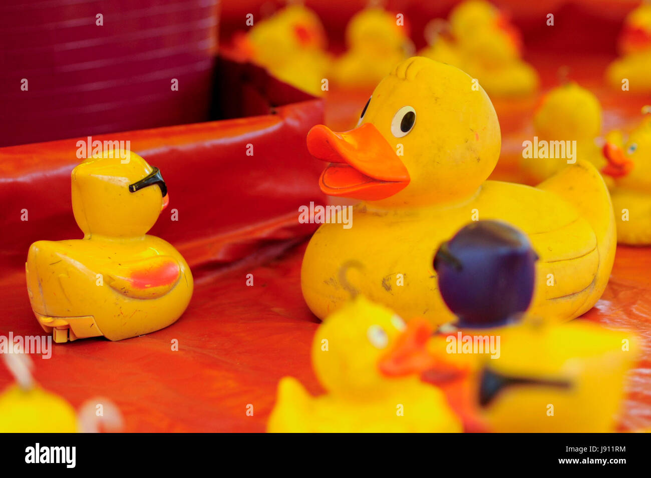 London, UK. 31 May 2017. Rubber ducks on a hook a duck stall. Thousands