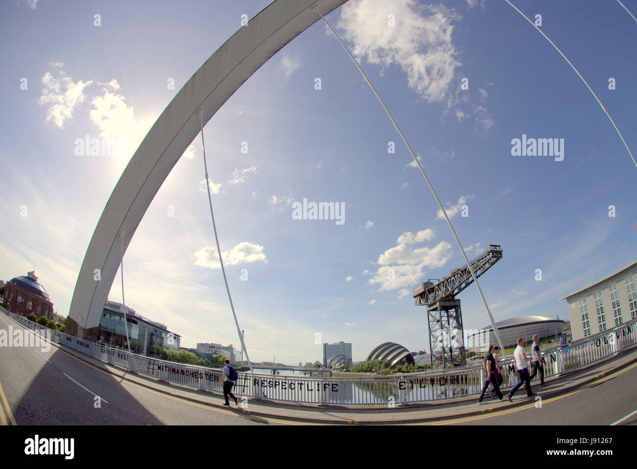 Glasgow, Scotland, UK 31st May,Tribute to Manchester bombing victims appears on Clyde Bridge. The Squinty  Bridge at the Pacific Quay home of the Scottish media community was covered in the names  of all of the Manchester bombing victims overnight by a mystery artist. Gerard Ferry/Alamy Live News Stock Photo