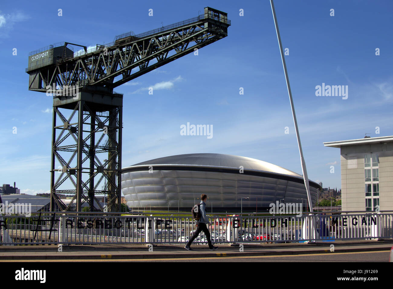 Glasgow, Scotland, UK 31st May,Tribute to Manchester bombing victims appears on Clyde Bridge. The Squinty  Bridge at the Pacific Quay home of the Scottish media community was covered in the names  of all of the Manchester bombing victims overnight by a mystery artist. Gerard Ferry/Alamy Live News Stock Photo