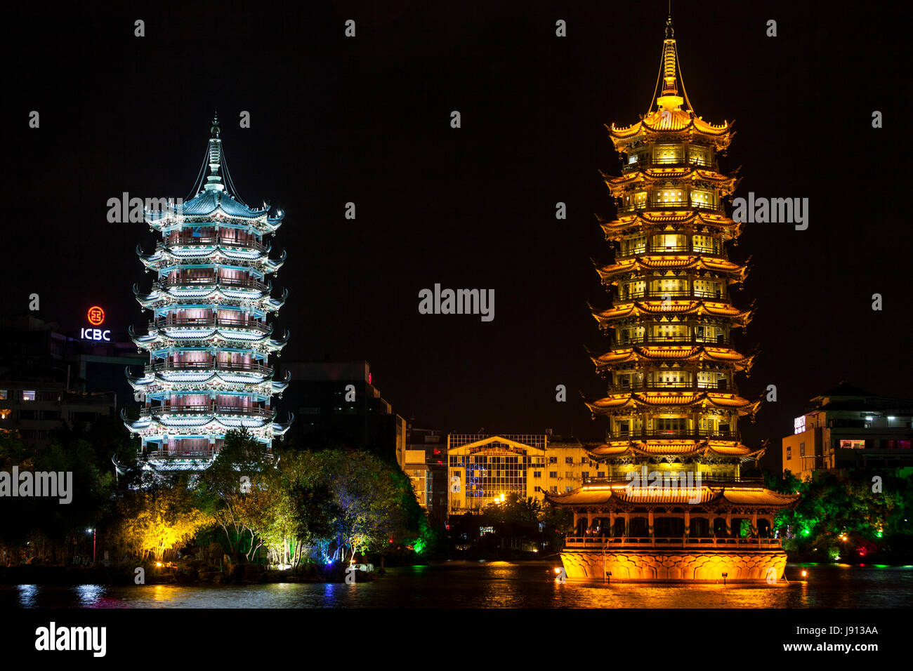 Guilin, China.  Sun and Moon Pagodas, by Shan Lake. Stock Photo