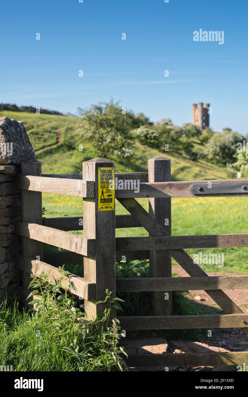 Dog warning sign on a gate in front of Broadway Tower in spring along the cotswold way. Broadway, Cotswolds, Worcestershire, England Stock Photo