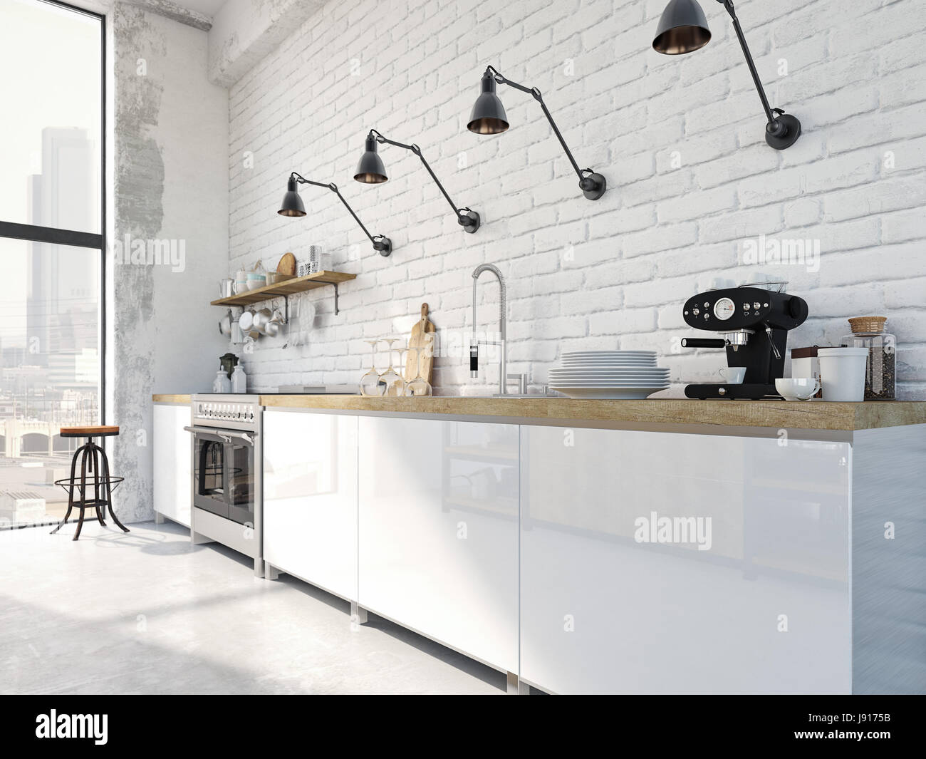 modern nordic kitchen in loft apartment. 3D rendering Stock Photo - Alamy