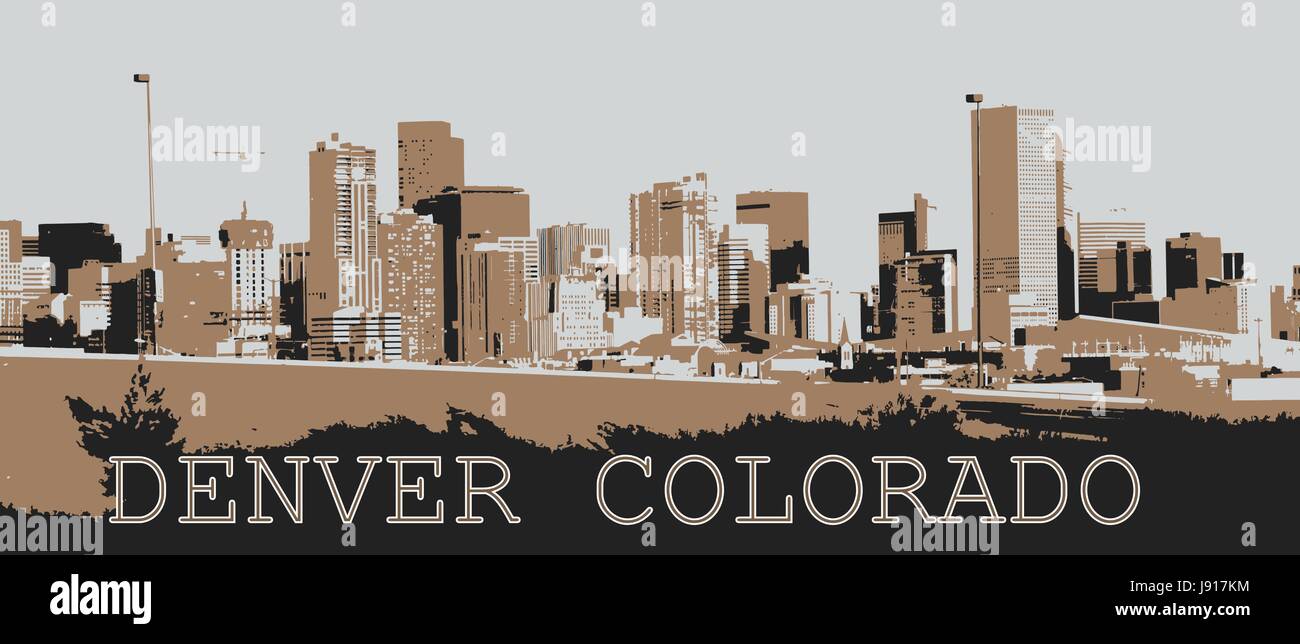 A view of Denver in just 3 colors behind a highway onramp at sunset Stock Vector