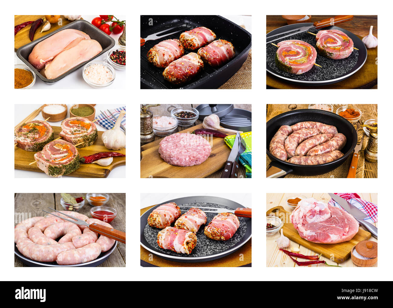 Set of Different types of tasty juicy raw meat for frying barbec Stock Photo