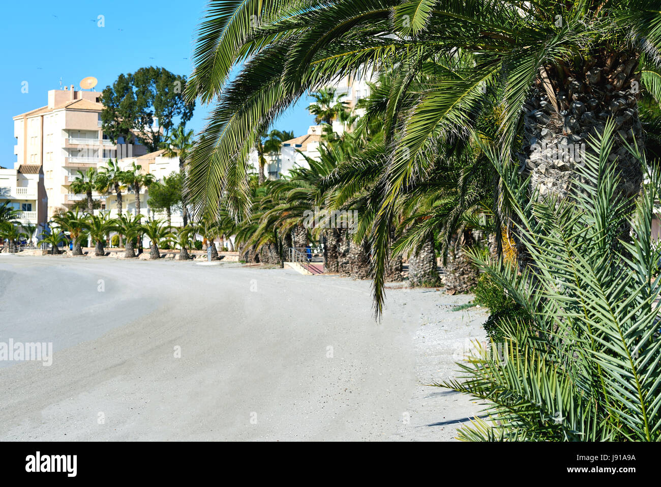 Empty beach of La Manga (La Manga del Mar Menor), is a seaside spit in the Region of Murcia, Spain. Stock Photo