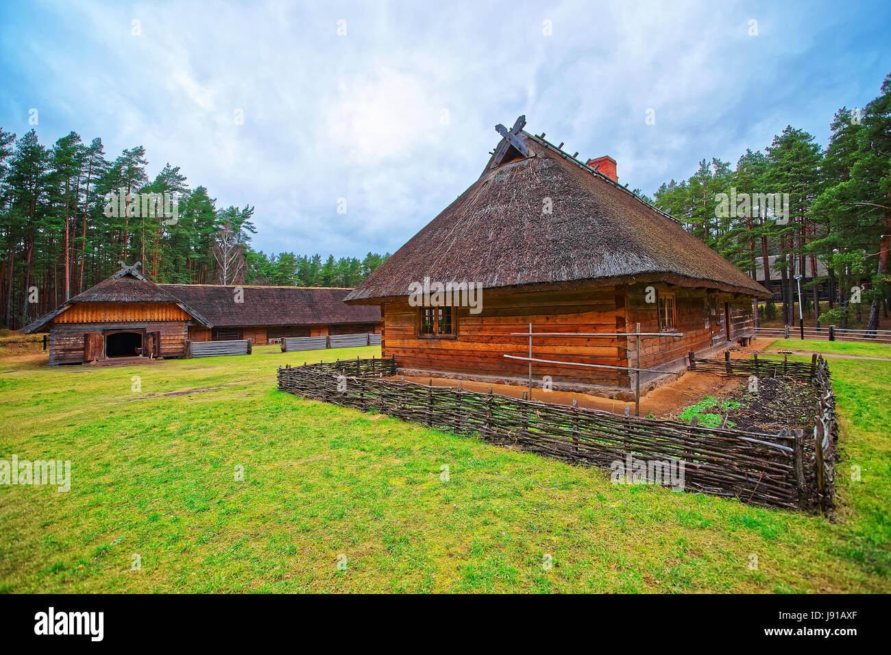 Old buildings in Ethnographic open air village of Riga, Latvia Stock Photo