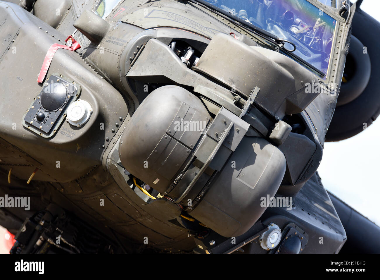 British Army, Army Air Corps, Agusta Westland AH-64D Apache Longbow AH-1 attack helicopter nose details. Targeting sensors Stock Photo