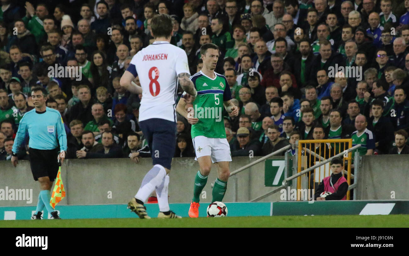 National Football Stadium at Windsor Park, Belfast. 26th March 2017. 2018 World Cup Qualifier - Northern Ireland 2 Norway 0. Northern Ireland's Jonny Evans (5) in action. Stock Photo