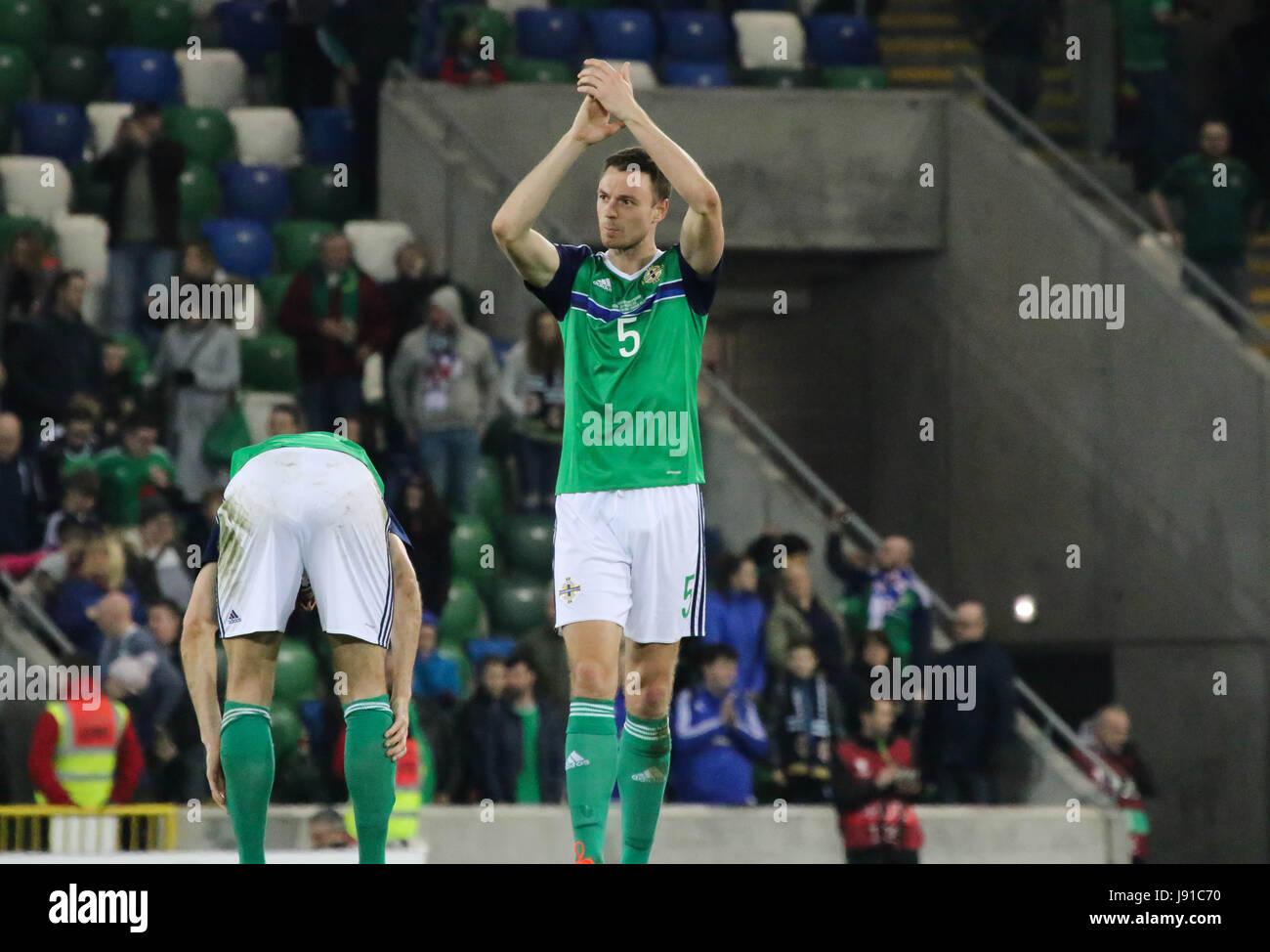 National Football Stadium at Windsor Park, Belfast. 26th March 2017. 2018 World Cup Qualifier - Northern Ireland 2 Norway 0. Northern Ireland's Jonny Evans (5) in action. Stock Photo