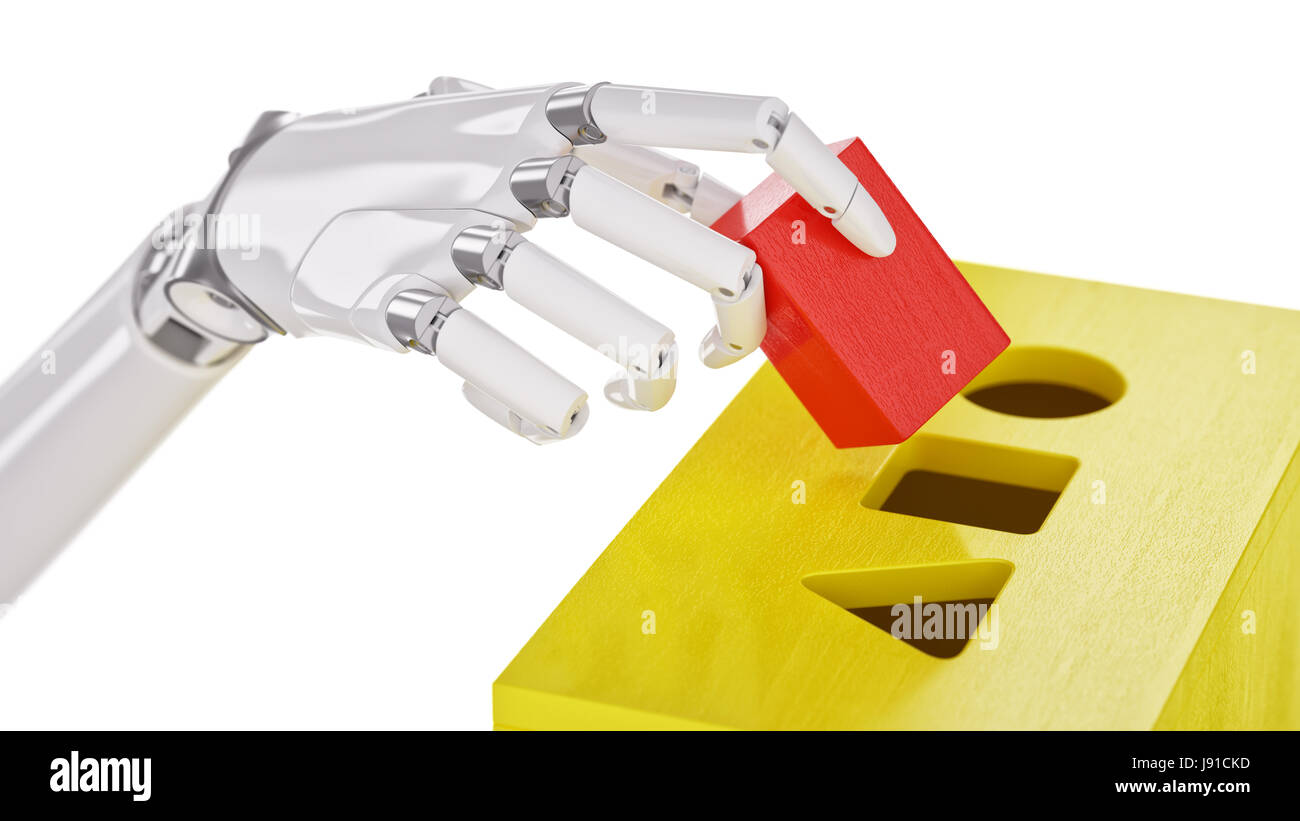 Robot Sorts Geometric Shapes Closeup. Machine Learning and Recognition Concept 3d Illustration Stock Photo