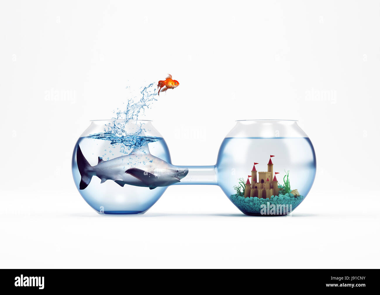 Improvement and progress concept with a jump of goldfish 3D Rendering Stock Photo