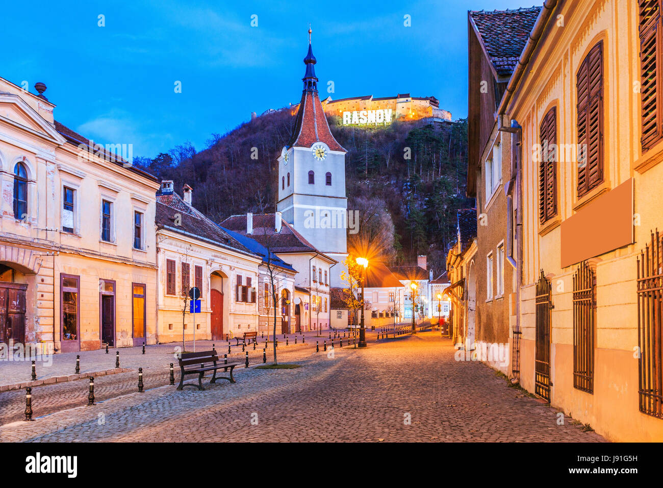 Rasnov, Romania. Medieval saxon city in Transylvania and hilltop ruins of the fortress. Stock Photo