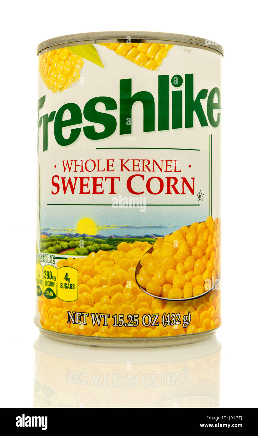 Winneconne, WI - 16 May 2017: A can of Freshlike whole kernel sweet corn on an isolated background. Stock Photo