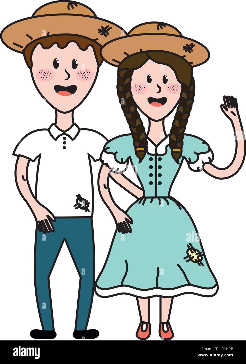 cute brazilian couple with hat and typical clothes Stock Vector