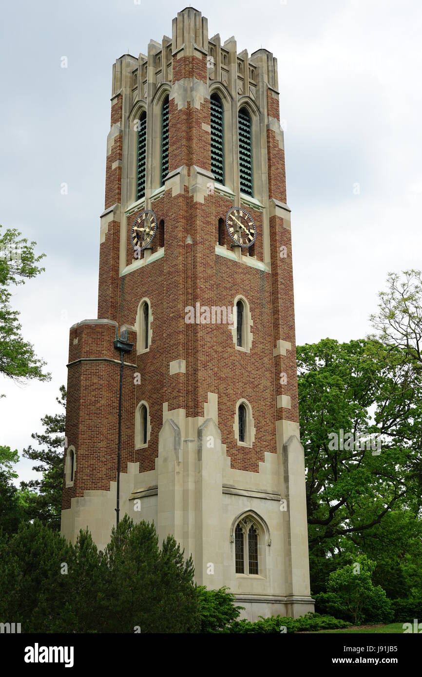 View of the landmark Beaumont Tower carillon on the campus of