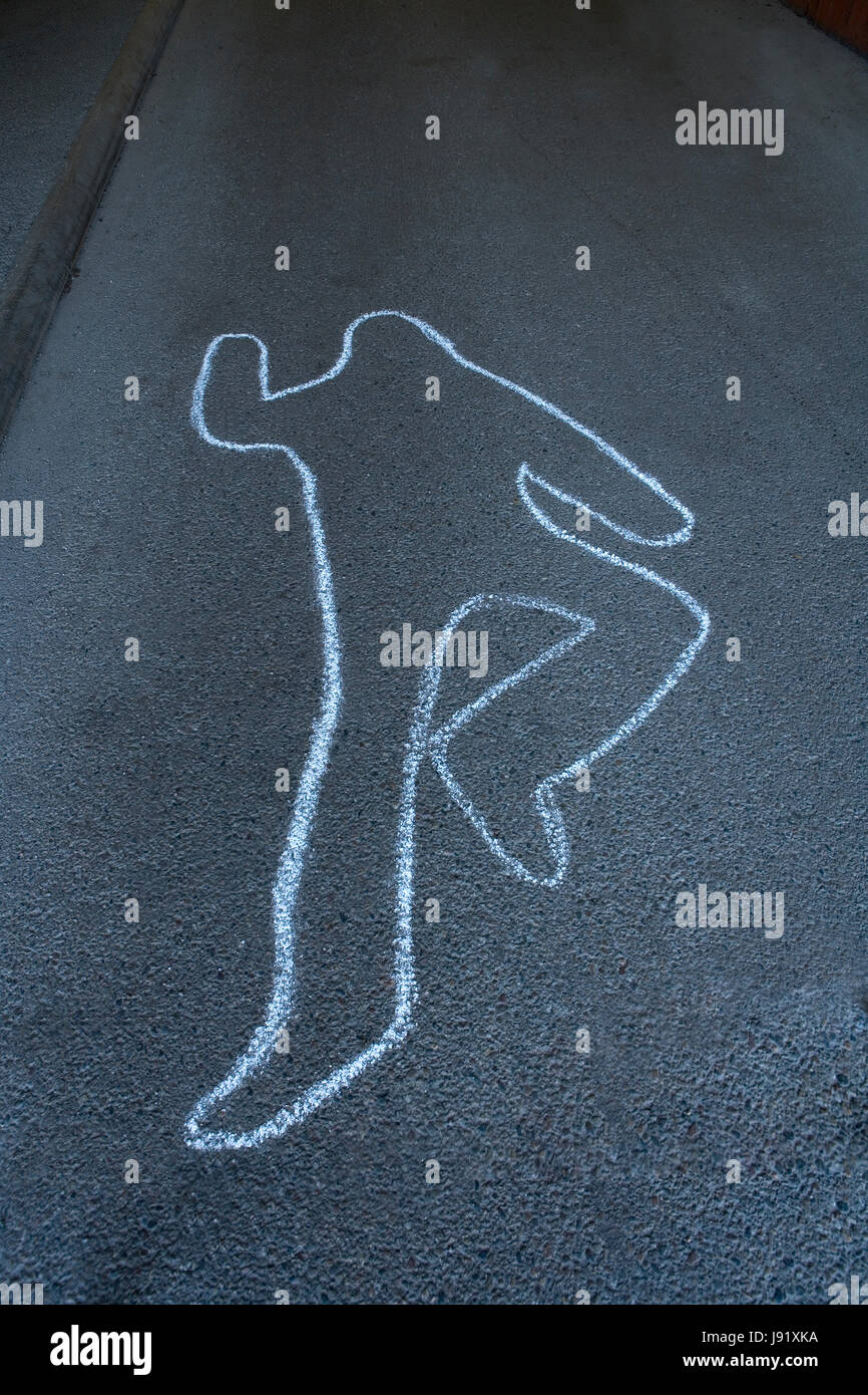 death, crime, murder, outline, kill, mystery, street, road, chalk outline, Stock Photo