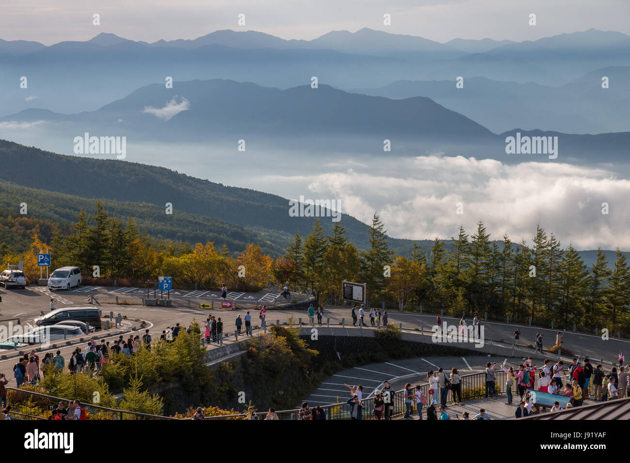 Amazing view of mountain ranges from Mt Fuji's 5th Station on a cool autumn day. Stock Photo