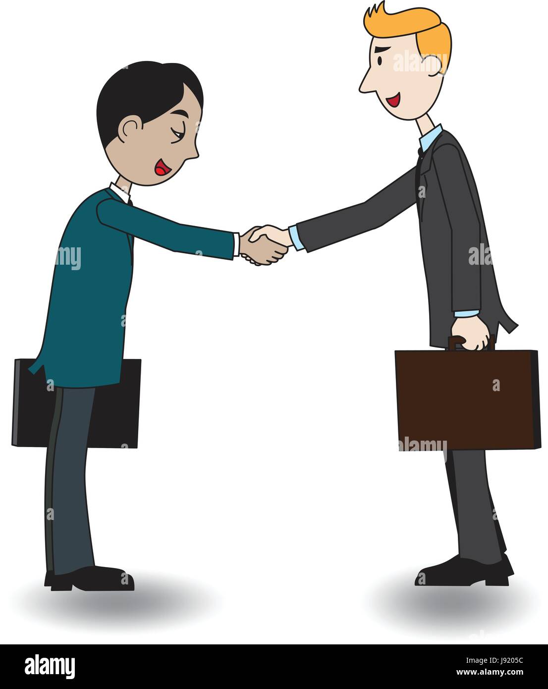 Cartoon illustration of a partnership and cooperation in business. Two happy businessmen shake hands.  one caucasoid and one asian. Stock Vector
