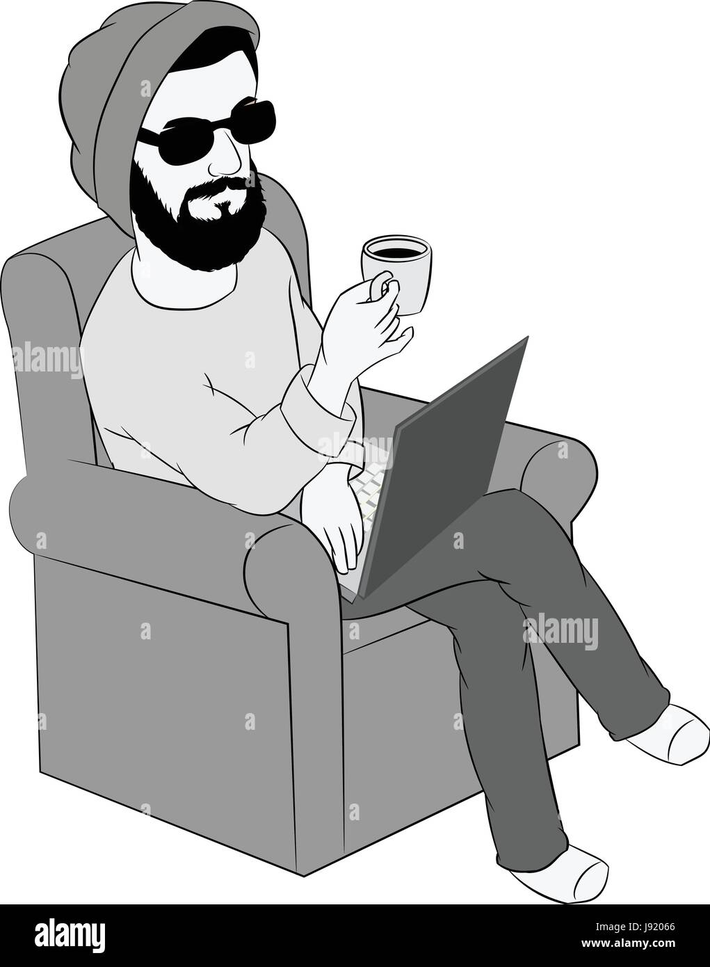 A man, hipster surfing net on laptop and drinking coffee while sitting on the couch , grayscale cartoon, vector illustration Stock Vector
