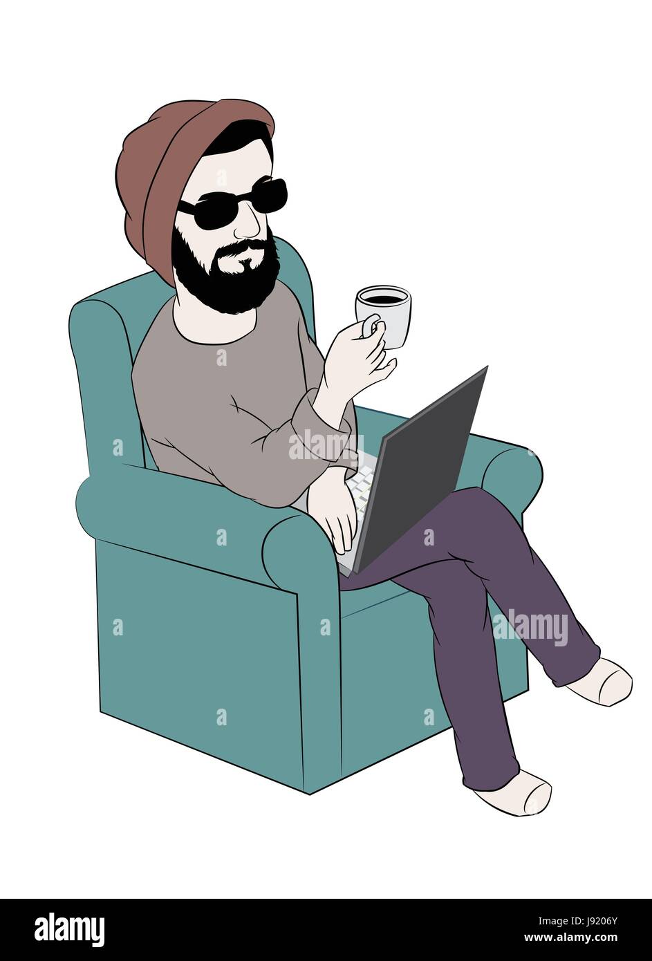 Man, hipster surfing net on laptop and drinking coffee while sitting on the couch , cartoon, vector illustration Stock Vector