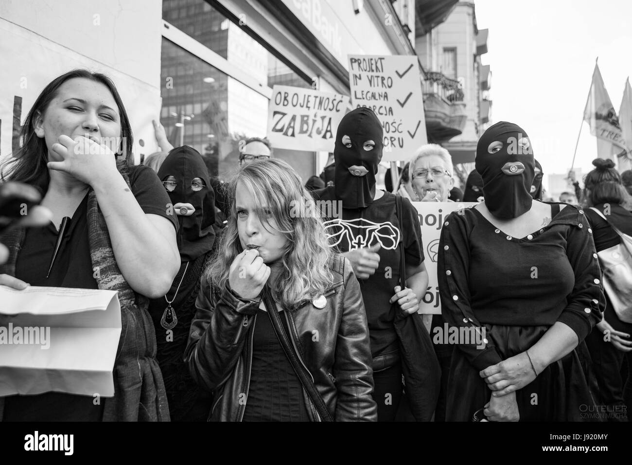 Protests in Poland against the total ban on abortion, black protest, women rights, women protesting. 2016 Poznan. Stock Photo
