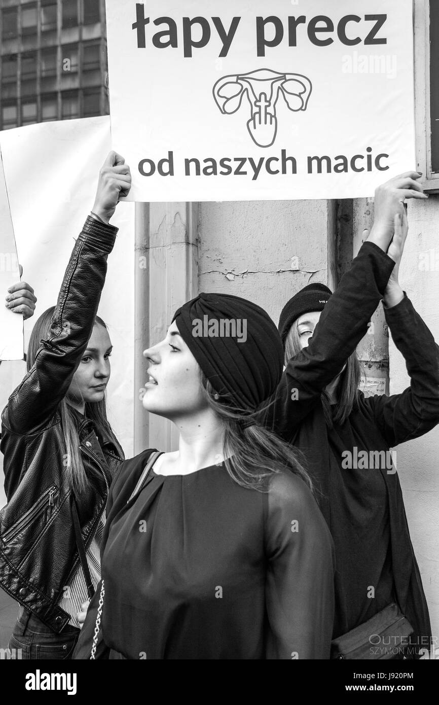 Protests in Poland against the total ban on abortion, black protest, women rights, women protesting. 2016 Poznan. Stock Photo